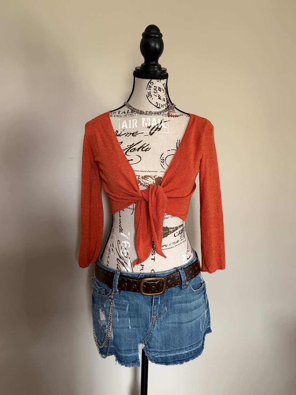 Y2K Burnt Orange Sparkly Cropped Bolero Shrug Long Sleeve Front Tie | Boho Fairy